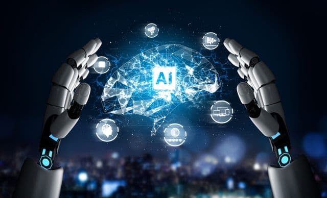Ilustração de computador com código e símbolo de inteligência artificial