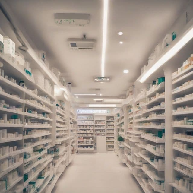 Fachada de farmácia em uma cidade italiana, com vitrine iluminada à noite