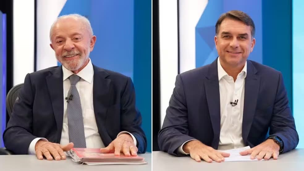 Flávio Bolsonaro e Lula no estúdio do debate da Globo em São Paulo